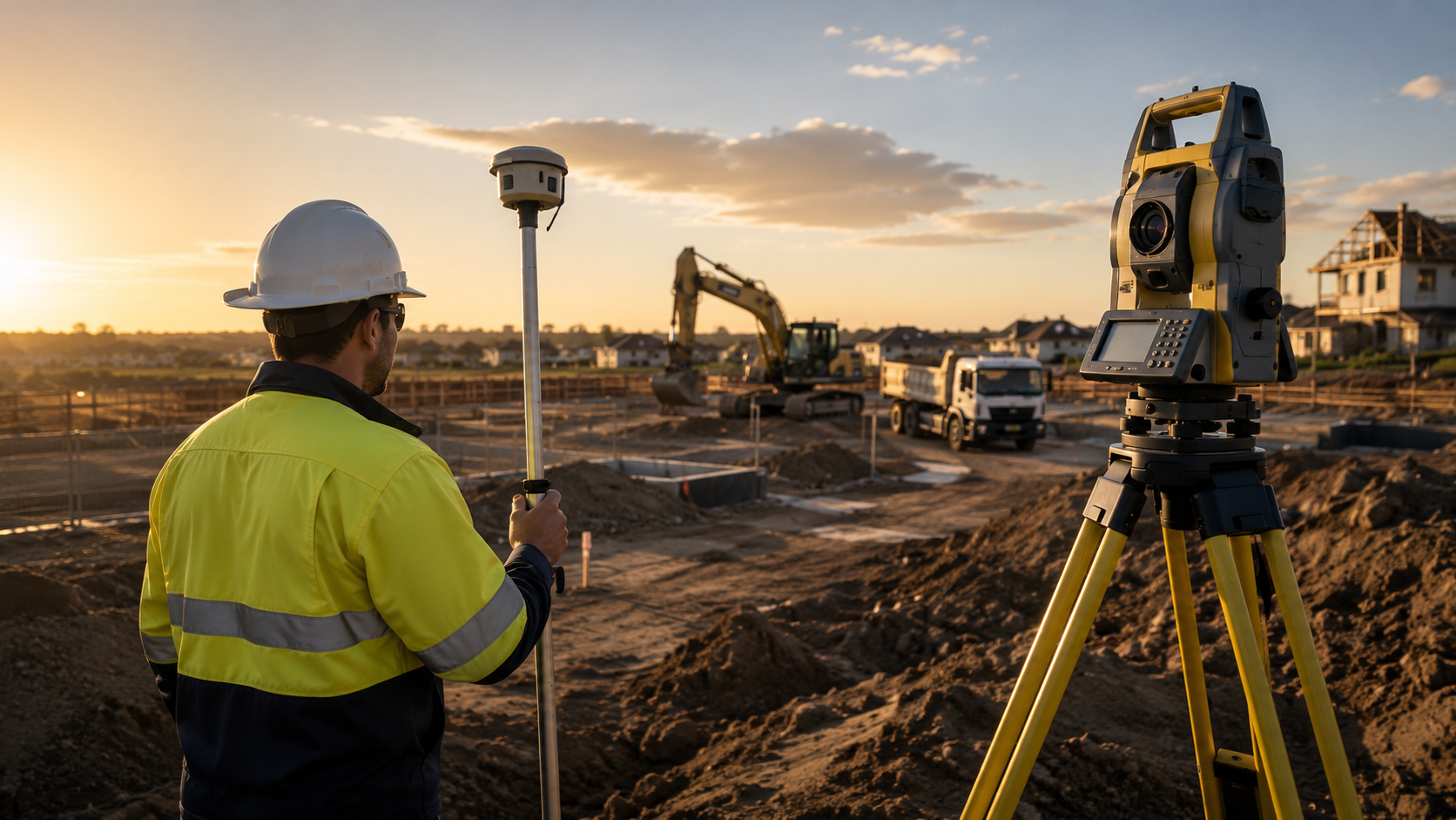 Survey total station and excavator on a civil construction site at sunset
